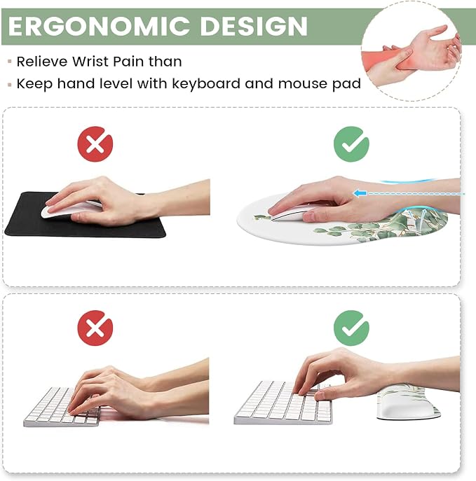 iLeadon Mouse Pad with Wrist Rest Set, Ergonomic Mousepad with Wrist Support, Easy Typing & Pain Relief, Keyboard Wrist Rest and Mouse Pad Set with Non-Slip Base for Computer Home, Eucalyptus, 3 PCS