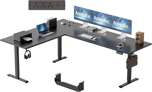 Agilestic Electric L Shaped Standing Desk 75 x 61 Inch with Power Outlet, Height Adjustable Corner Stand up Desk with Cable Management,Sit Stand Home Office Workstation with Splice Board, Black