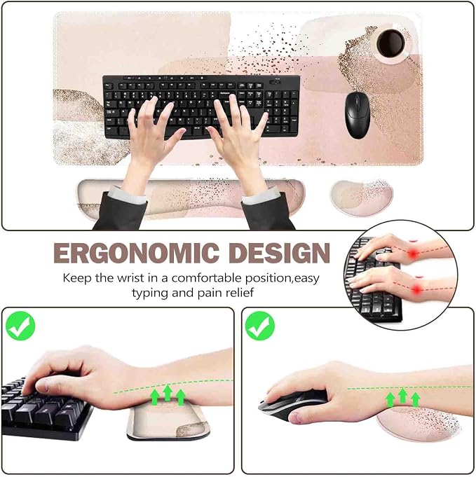 ToLuLu Extended Gaming Mouse Pad, Memory Foam Ergonomic Keyboard Mouse Wrist Rest Support Set, Large Desk Mat with Stitched Edges, Non-Slip Base Mousepad for Home Office Game Study, Pink Gold
