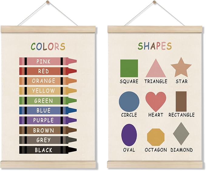 Colors Shapes Posters Hanger Frame, Educational Posters for Toddler Kids, Set of 2 Montessori Nursery Wall Decor, Learning Artwork for Nursery Kids Room, Homeschool, Boho Classroom Decor 16x12 Inch