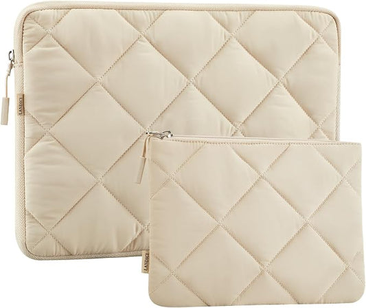 LANDICI Puffy Laptop Sleeve Carrying Case 14 15 Inch Compatible with MacBook Pro 14/15, MacBook Air M2 15, Surface Laptop 4/5, Chromebook 14, Cute Computer Cover Bag with Accessories Pouch, Apricot