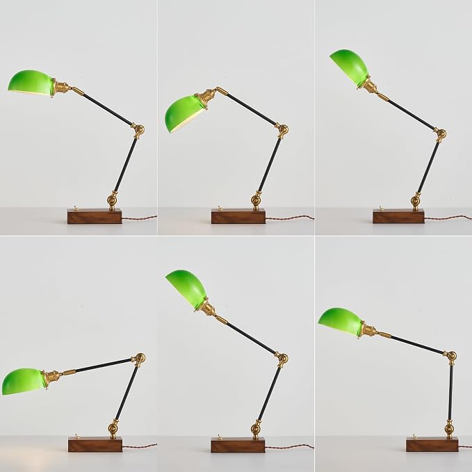 Bankers Lamp, Adjustable Traditional Green Desk Lamp with Solid Ash Wood Base, Green Glass Antique Library Lamp with Power Cord Switch, Plug in Vintage Bankers Table Lamp for Office 【E26 Socket】