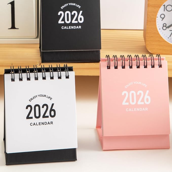 Mini Desk Calendar 2026-2027- Small Desktop Calendar January 2026 to June 2027 Mini Daily Schedule Thick Paper Twin-Wire Binding with Stickers for Home Office School (Black-white)