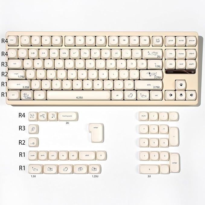 MOA Profile Cute Dog Keycaps, 124 Keys PBT Keycaps Set, Minimalist White Keyboard Caps, Custom Dye Sublimation Key Caps for 61/64/68/84/87/100/104/108 Cherry MX Mechanical Keyboards