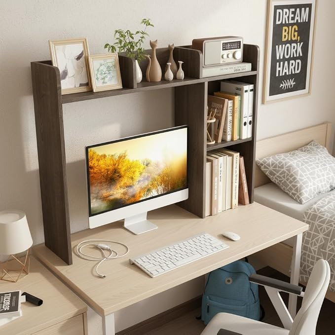Tangkula Desktop Bookshelf, Countertop Storage Hutch with Shelves for Computer Desk, Desk 3-Tier Display Rack, Multipurpose Wood Desktop Hutch Storage Organizer for Dorm Office