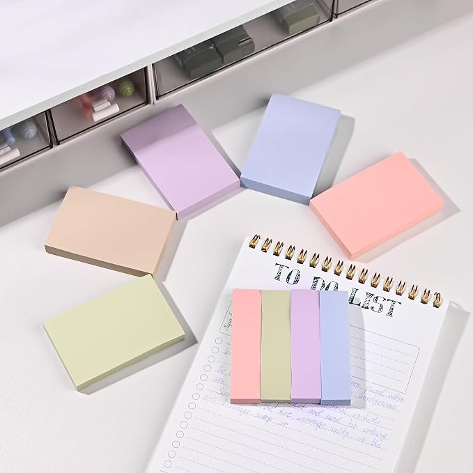 BAYTORY 6 Pads Pastel Sticky Notes, Small Self-Stick Note, Index Tabs Easy to Post for School Office Notebook (3x2 & 3x0.7 Inch)