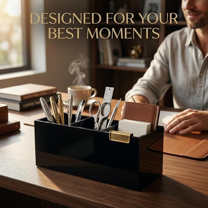 Black Acrylic Pen Holder for Desk, 3 Compartment Desktop Organizer & Pencil Cup, Makeup Brush Holder for Countertop, Multi-functional Pen Pencil Brushes Holders Caddy (Glossy Black)