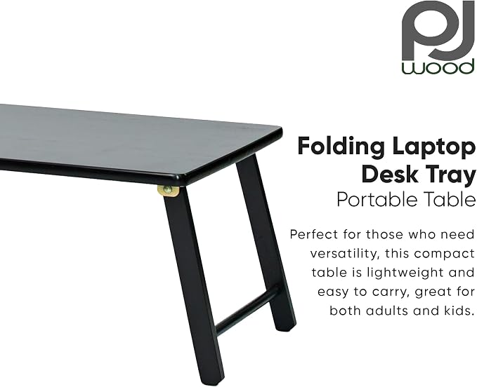 PJ Wood Folding Laptop Desk Tray, Lightweight Portable Table for Bed or Couch Computer Work, Eating at Home, Small Spaces, 24 Inch, Black