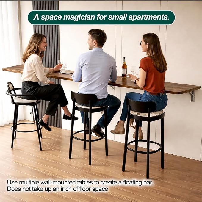 Rustic Wall Mounted Folding Table, Solid Wood Floating Desk with Stainless Steel Brackets, Space Saving Shelf for Home Office, Kitchen, Dining, Laundry Room (60X40cm / 23.63"X15.75")