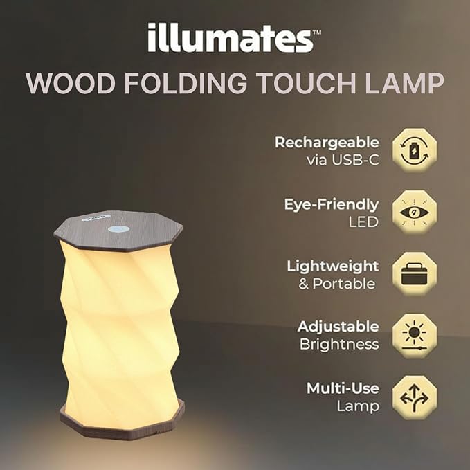 Origami Expanding Foldable LED Desk Lamp – USB Rechargeable & Portable - Dimmable Touch Control Light with Adjustable Height up to 8.25" for Office, Travel, Bedside & Modern Design (Wood Grain)