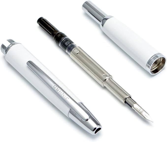 Jinhao 10 Press Fountain Pen with Box, Pearl White Retractable Extra Fine Nib with Ink Converter Set (Silver Clip)