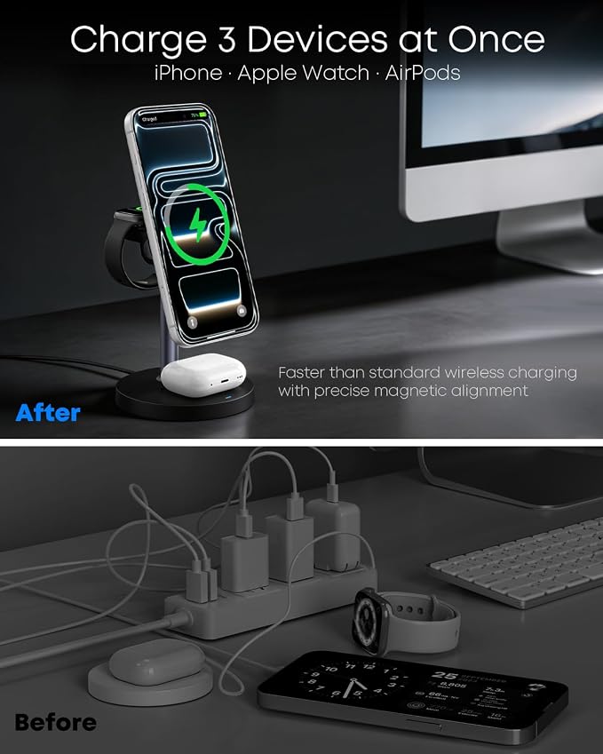 3 in 1 Magnetic Wireless Charging Station, 15W Charger for iPhone, Black | Compatible with iPhone 12-17 Series, Apple Watch & AirPods, Charges 3 Devices Together, 18W Adapter Included, 3-Year Warranty
