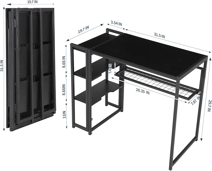 GarveeLife 35 inch Folding Desk Writing Computer Desk with Storage Shelf,Spaces Saving Writing Sturdy Table No Assembly,for for Bedroom, Home Office, Dorm, Apartment, Black
