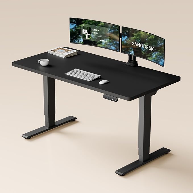 SANODESK Dual Motor Standing Desk 220lbs Height Adjustable Desk | 55"x28" Spacious One-Piece Black Desktop & Black Frame, 4 Memory Presets, 3-Stage Legs, 220lbs, 2-Box for Home & Office