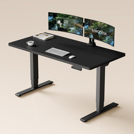 SANODESK Dual Motor Standing Desk 220lbs Height Adjustable Desk | 55"x28" Spacious One-Piece Black Desktop & Black Frame, 4 Memory Presets, 3-Stage Legs, 220lbs, 2-Box for Home & Office