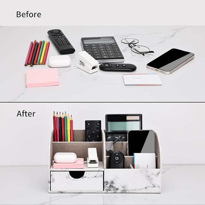 Pu Leather Desk Organizer Pen Pencil Holder Office Supplies Caddy Storage Box 6 Compartments with Drawer Gray Marble