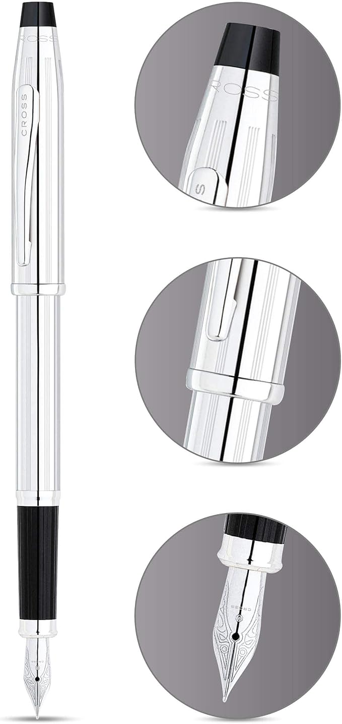 Cross Century II Lustrous Chrome Fine Nib Fountain Pen - Professional Pen for Everyday Use - Smooth Writing - Comfortable Grip - Black Ink - Durable Construction - Includes Gift Box