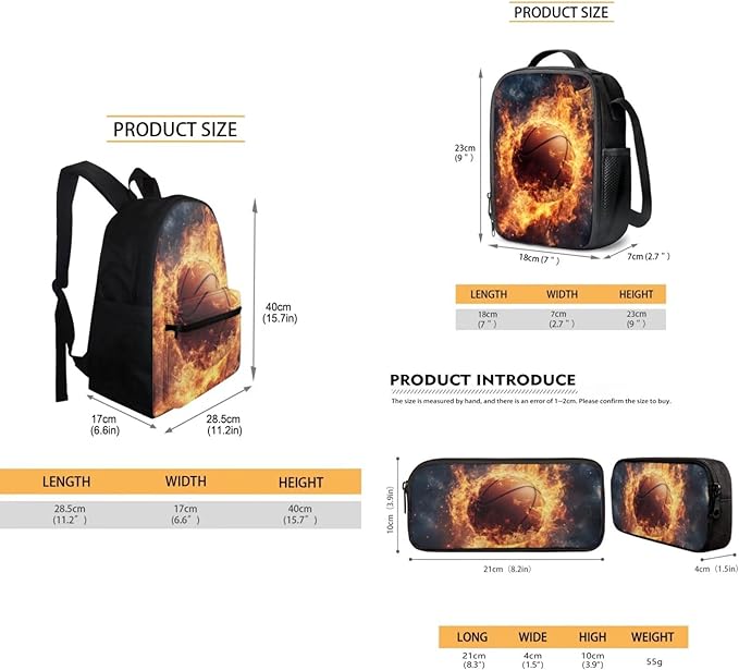 Fire Basketball Kids Backpack Large Capacity School Bag Book Bag for Kindergarten Boys Book Bag 3pcs School Bag Set with Lunch Box Pencil Case Back To School Supplies