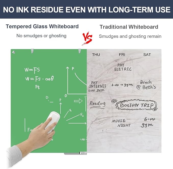 Glass Whiteboard, 48x36 Inches Magnetic Glass Dry Erase Board, Green Large White Board for Wall Office School Classroom Home, 4x3 Feet Big Dry Erase Board Wall Mounted