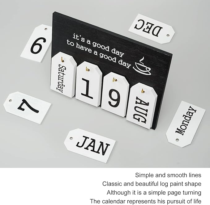 Notakia Perpetual Flip Calendar Wooden Desk Calendar - Vintage Date Blocks for Desk, with Month & Day Display, Wooden Block Calendar for Home Office Accessories (Flip Black)