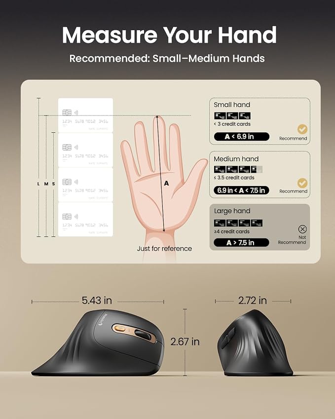 ProtoArc Ergonomic Mouse, EM11 NL Bluetooth Rechargeable Wireless Vertical Mouse, 3 Multi-Device Connectivity for Computer/PC/Laptop, 2.4GHz USB-A Optical Mice for Windows, Mac OS, Black Gold