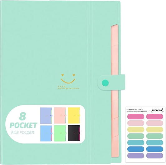 Expanding File Folder, 8 Pockets Accordion File Organizer, A4 Letter Size Paper Document Receipt Organizer Accordian Filing Folder for Classroom, Home, Office and Travel(Green)