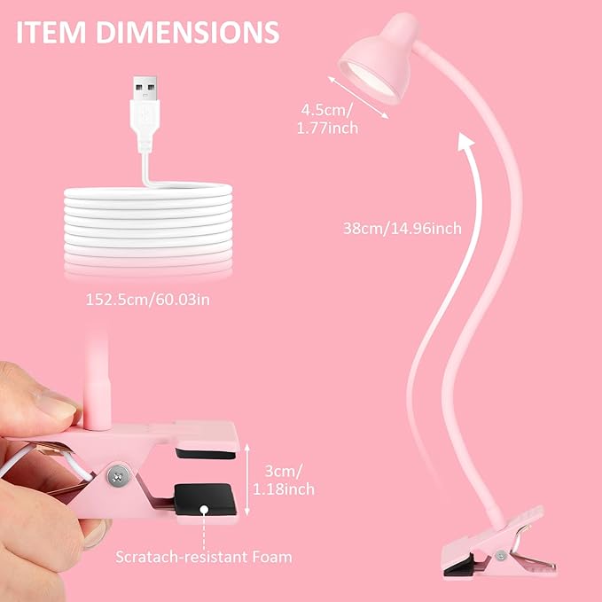 LiFMIRA Pink Small Desk Lamp Clip on Reading Light for Bed 3 Colors 10 Brightness Dimmable Flexible Gooseneck Clip on Light for Bed Headboard College Dorm Room