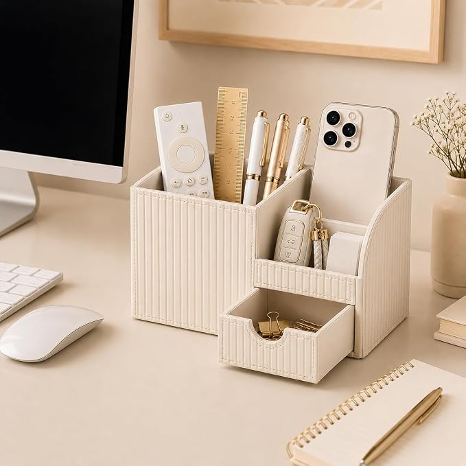 Luxury PU Leather Desk Organizer with Drawer, Modern Aesthetic Office Desk Accessories for Women, Multi-Compartment Pen Holder & Desktop Storage Organizer for Home Office, Cream White