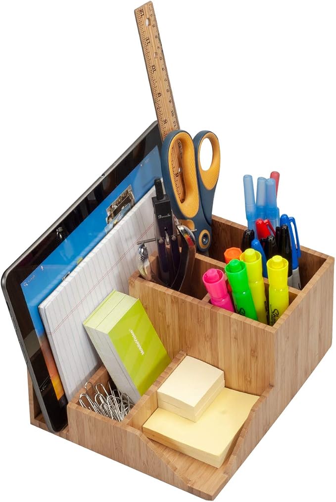 MobileVision Bamboo Multi-Function Desktop Organizer; Store stationary items like notepads, file folders, paperclips, business cards, pens, & more