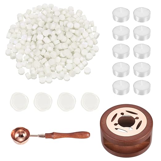 PATIKIL Wax Seal Kit, 300 Pcs Wax Sealing Beads, Wooden Warmer, Melted Spoon, 10 Pcs Tealight Candles for Envelope Letter Mailing Crafts DIY, Pearl White