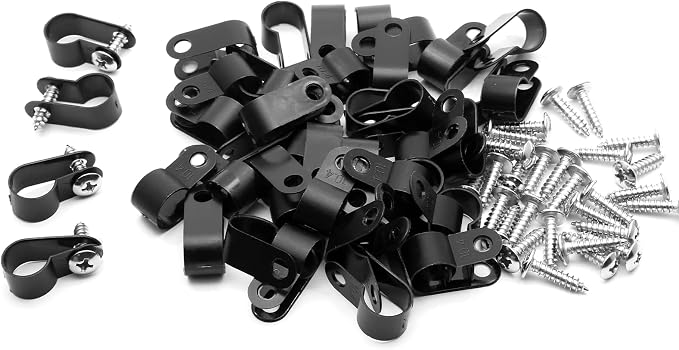 60pcs 3/8 Inch Nylon Cable Clamps, Black R-Type Wire Cable Clips | with M4 Screws, Screw Mounting Cord Fastener, Wire Conduit Clamp, for Wire Management