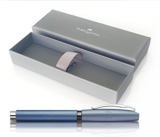 Faber-Castell Essentio Aluminum Blue Fountain Pen - Medium Nib with Black Ink - Fine Writing Instruments | Fountain pen with ergonomic grip zone made of aluminium and high-quality stainless steel nib