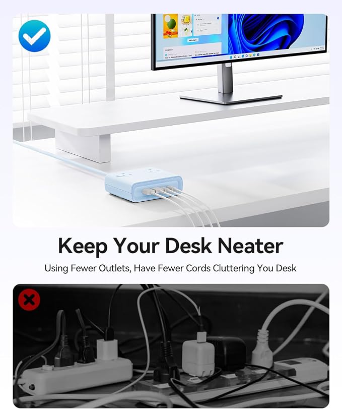 ORICO Power Brick, 25W GaN Power Strip, 8-in-1 Desktop Charging Station with 4 AC Outlets, 2 USB-C, 2 USB-A Ports, 5ft Extension Cord, Ultra Thin Flat Plug for Travel Office ETL Listed-PDC (1 PC)