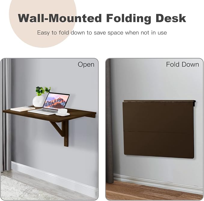 COSTWAY Wall Mounted Folding Table, 31.5" x 23.5" Drop-Leaf Floating Writing Desk for Small Spaces, Space-Saving Fold Down Laptop Workstation for Kitchen, Bedroom, Laundry Room, Study Room (Brown)
