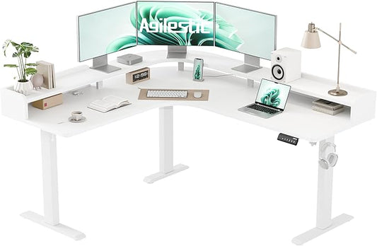 Agilestic L Shaped Standing Desk, Corner Desk with Monitor Shelf, Adjustable Height Gaming Table, Sit Stand Up Table, 63 x 55 Inch Home Office Computer Workstation, Splice Board, White