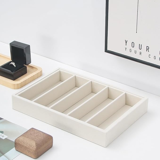 Bedside Organizer - Multi-use Holder for Desk Drawer, Nightstand, Desktop - Catchall Tray for Jewelry, Sunglasses, Phone, Watch, Perfume, Lipstick (Beige 5Grid)