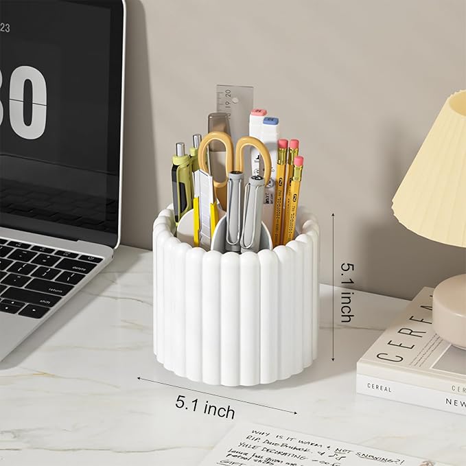 360° Rotating Pen Holder for Desk Removable Pencil Organizer, White | 7 Slots Pen Cup Cute Office Supplies and Accessories Plastic Desktop Storage Box Art Caddy for School, Work, Home