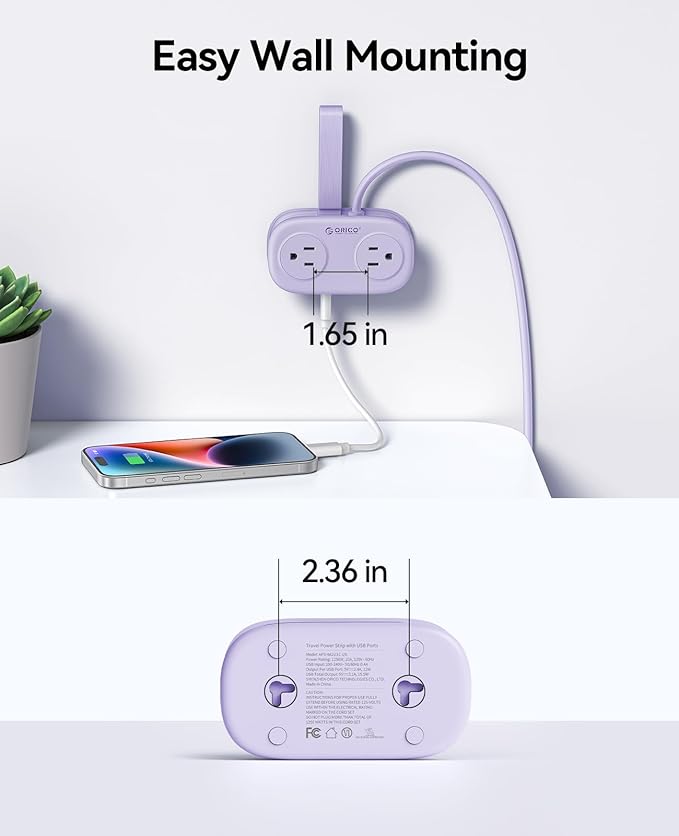 ORICO 4FT Purple Cruise Approved Travel Power Strip with 4 AC Outlets, 2 USB-A Ports, and 1 USB-C Port, 45° Flat Plug Extension Cord with Non Surge Protector for Travel/Dorm/Office ETL Listed -AP3