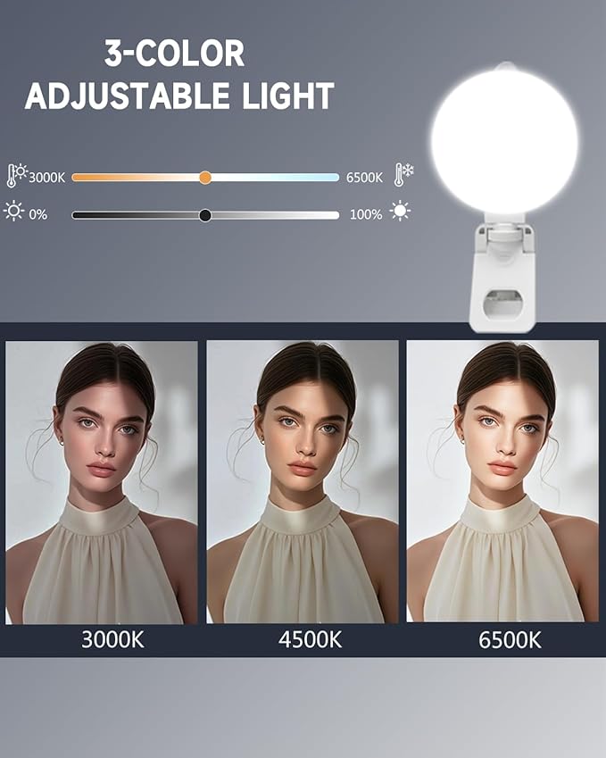 Selfie Ring Light for iPhone, Laptop & Camera, 3 Color Modes Clip-on LED Phone Light, Portable Rechargeable 360° Rotation Video Light for TikTok, Vlog, Zoom Meeting, Makeup, Influencers, Creators
