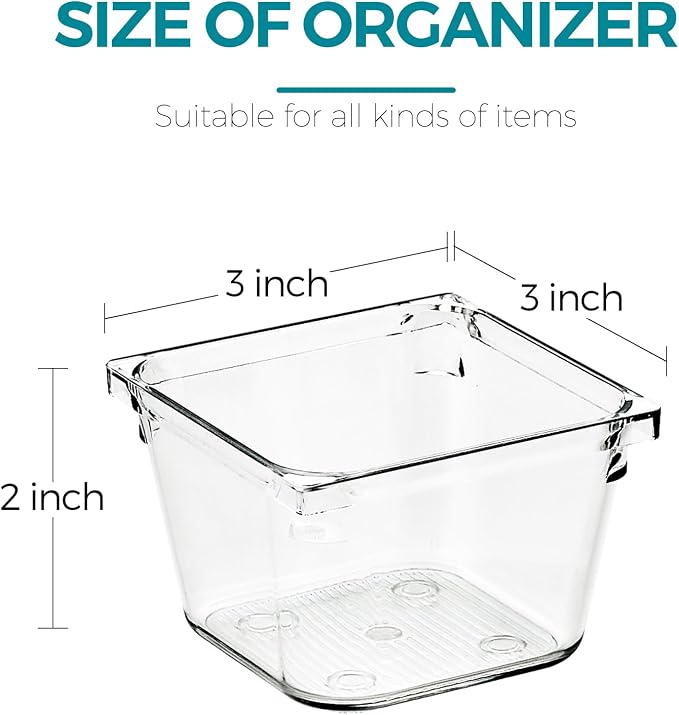 4 Pack Drawer Organizers, 3"X 3" Clear Acrylic Storage Bins | Acrylic Tray Design, Non-Slip Pads, Desk Storage Helper, For Makeup, Jewelry, Kitchen, Bathroom, Office Organization