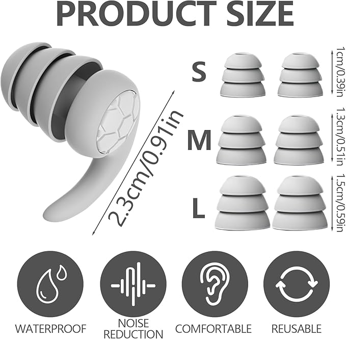 Noise Cancelling Ear Plugs for Sleeping - Grey Comfortable Reusable Silicone Earplugs for Sleep 24dB Noise Reduction Snoring and Studying Travel Concerts Hearing Protection with 3Tips and Storage Box