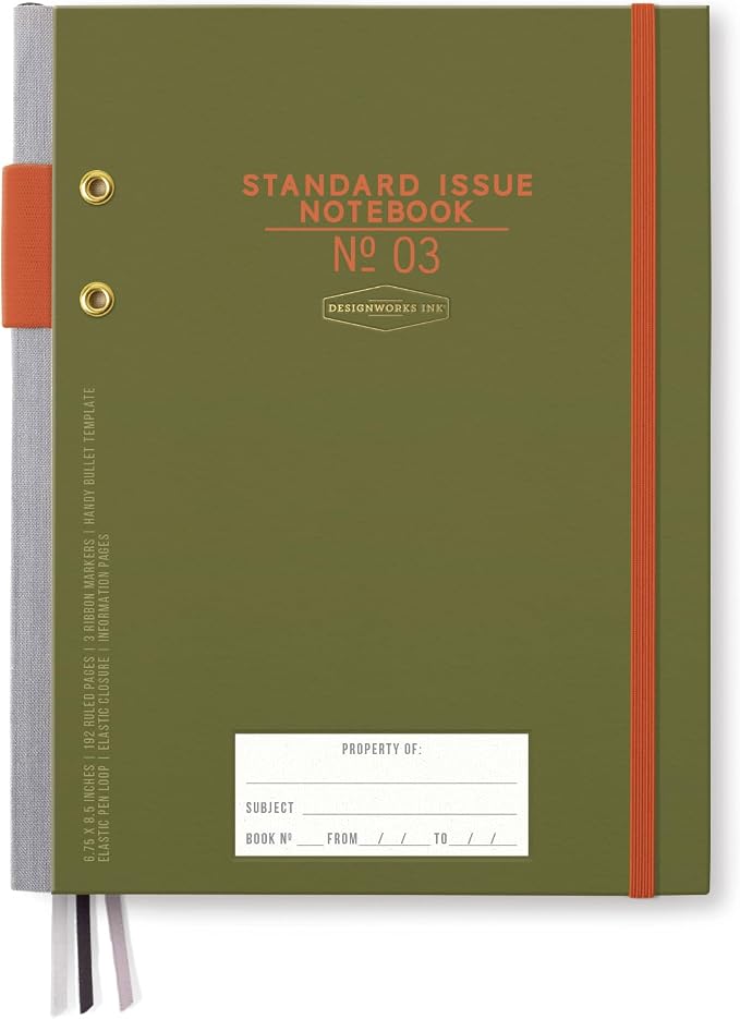 DesignWorks Ink Standard Issue Notebook No. 3, Undated Daily Planner & Writing Journal, 192 Lined Pages, Pen Holder, Small Notebook for Work & Journaling, 6.75 x 8.5 in, Army Green Chili