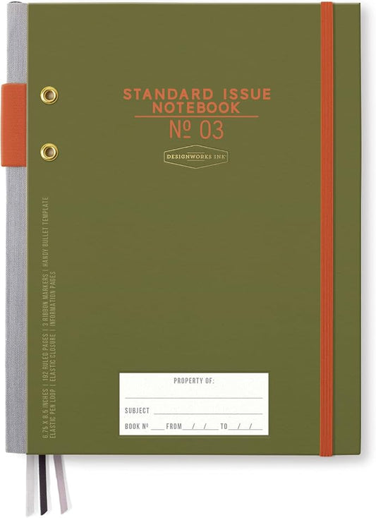 DesignWorks Ink Standard Issue Notebook No. 3, Undated Daily Planner & Writing Journal, 192 Lined Pages, Pen Holder, Small Notebook for Work & Journaling, 6.75 x 8.5 in, Army Green Chili