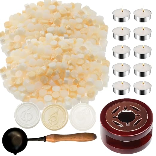 Wax Seal Kit with Warmer, ONWINPOR 300pcs Sealing Wax Beads in 3 Colors, Non-Slip Spoon, Candles for Envelopes, Stamp Letter Seal,Wedding Invitations (Pearl White Mix)