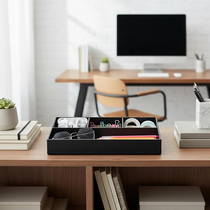 UnionBasic Flat 4-Slot Leather Desk Drawer Tray Stationery Sundries Gadget Organizer Storage Box Pen Pencil Holder Case Container (Black)