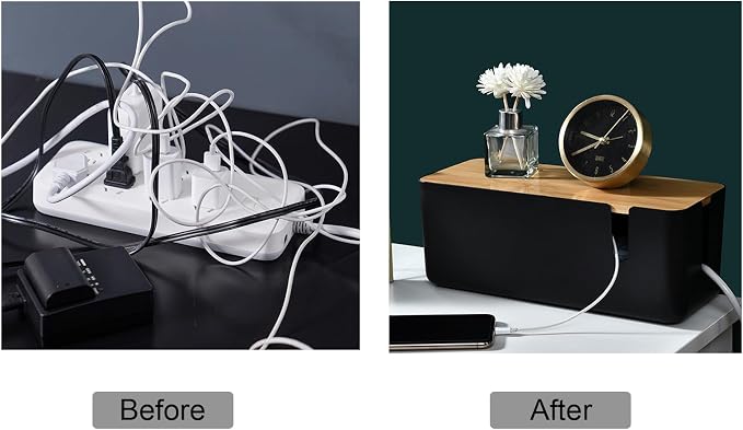 Changsuo Cable Management Box with Bamboo Lid Small Cable Organizer Box for Extension Cord Power Stripe Surge Protector Wire Management Concealer Organizer Cover Hider (Black)