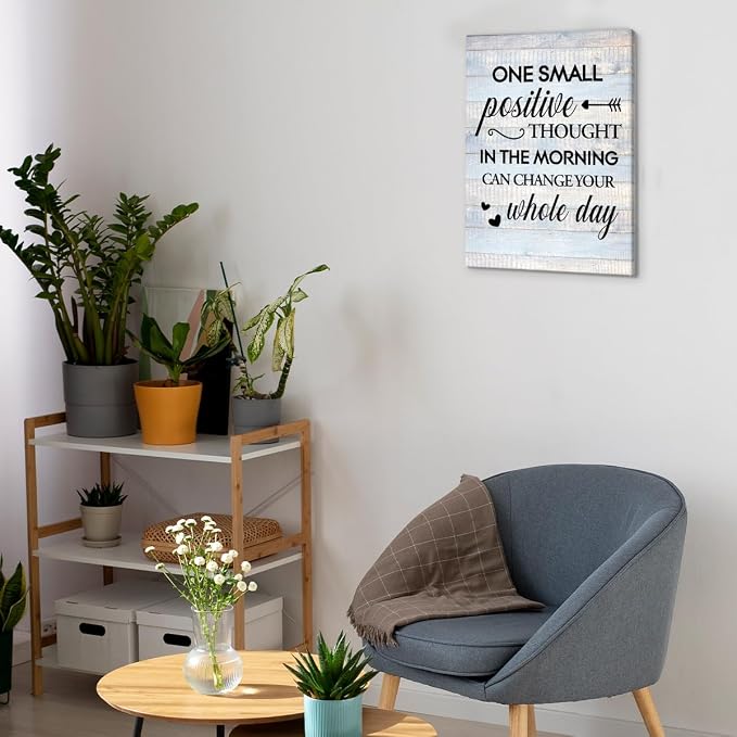 Inspirational Farmhouse Canvas Print Wall Art Decor One Small Positive Thought in the Morning Can Change Your Whole Day Sign Painting Plaque Rustic Home Decoration (11.5 X 15 Inches, Framed)