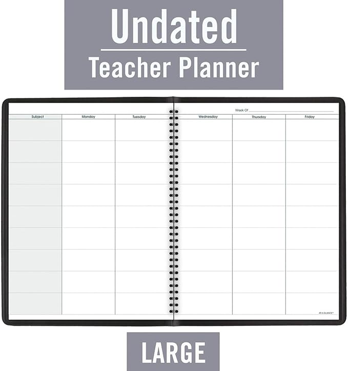 at-A-Glance Teacher Planner, 8-1/4" x 10-7/8", Undated Weekly & Daily Planner, Academic Lesson Plan Book for Family Homeschool Supplies, Agenda with Twin-Wire Binding, Black Leather (8015505)