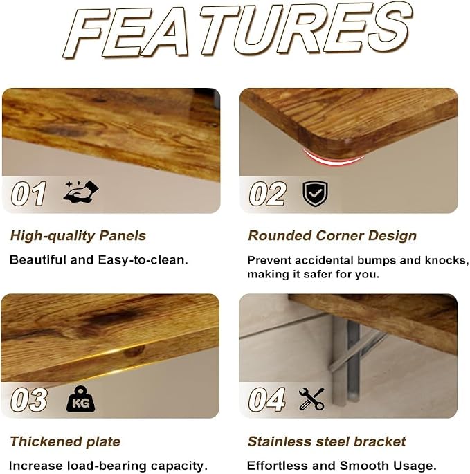 Rustic Wall Mounted Folding Table, Solid Wood Floating Shelf with Stainless Steel Brackets, Space Saving Desk for Home Office, Kitchen, Dining, Bar, Laundry Room(100X40cm/39.37"X15.75")