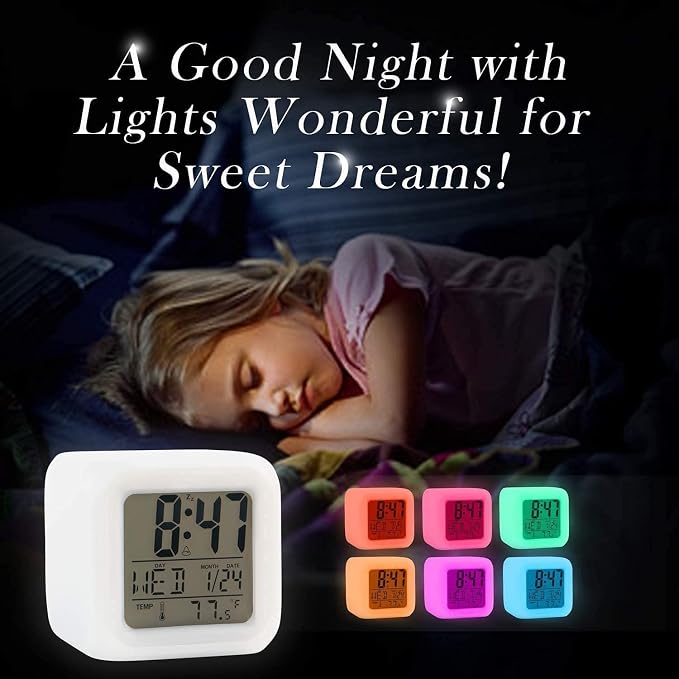 Kids Alarm Clock, 7 Color Night Light, Digital Clocks with Snooze, Alarm Clock for Kids, Wake Up Digital Clock for Room Decor Kids Gift